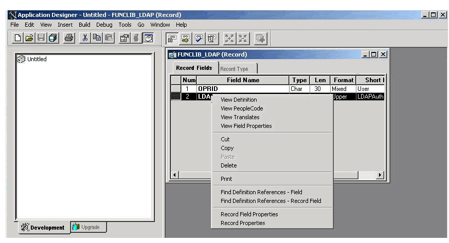 Captura de tela das opções do LDAPAUTH em Application Designer.