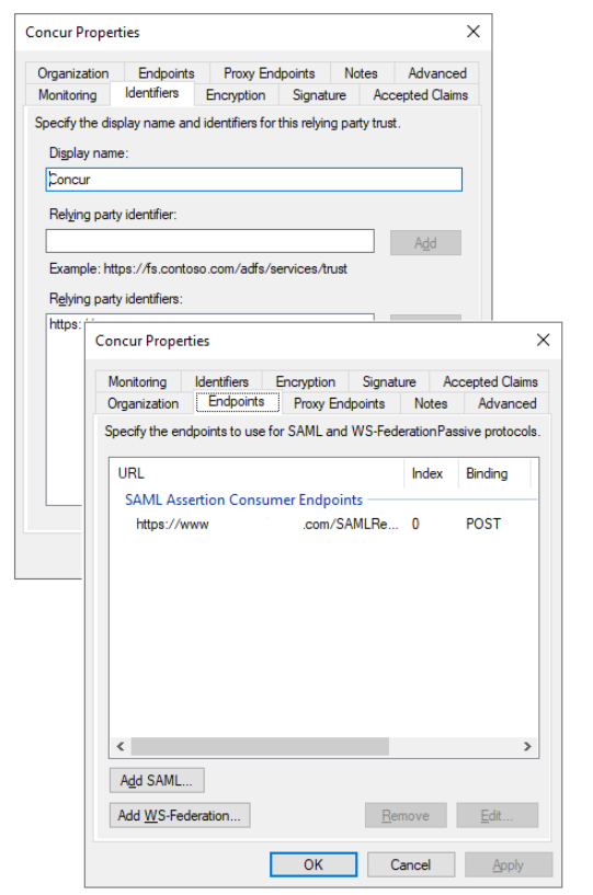 Captura de ecrã do painel de configurações do AD FS SAML.