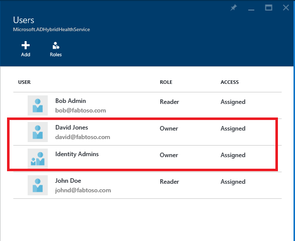 Captura de ecrã do Microsoft Entra Connect Health e do Azure RBAC e dos novos utilizadores realçados