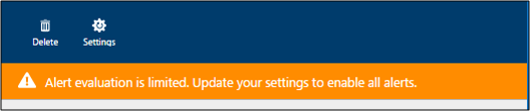 Captura de tela do banner de alerta que diz que a avaliação de alerta é limitada. Atualize as configurações para ativar todos os alertas.