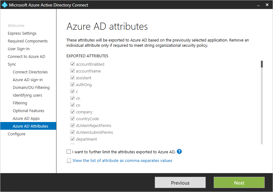 Captura de tela mostrando recursos opcionais de atributos do Microsoft Entra.