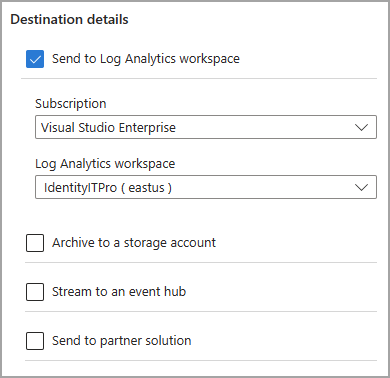 Captura de tela das opções de destino nas configurações de diagnóstico.