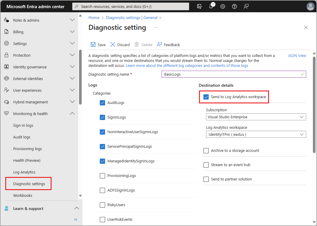 Captura de tela das configurações de diagnóstico com alguns detalhes de destino mostrados.