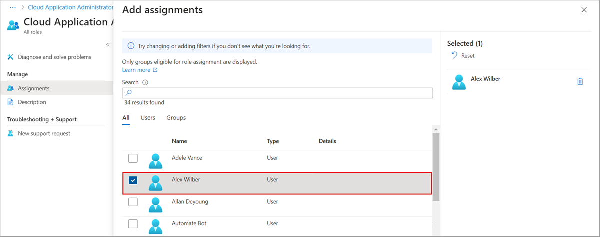 Atribuição de função adicionada com êxito ao escopo de um registro de aplicativo no Microsoft Entra ID.