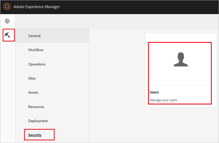 Captura de tela que mostra o bloco Usuários no Adobe Experience Manager.