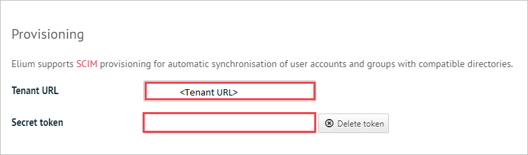 Campos URL do locatário e token secreto no Elium