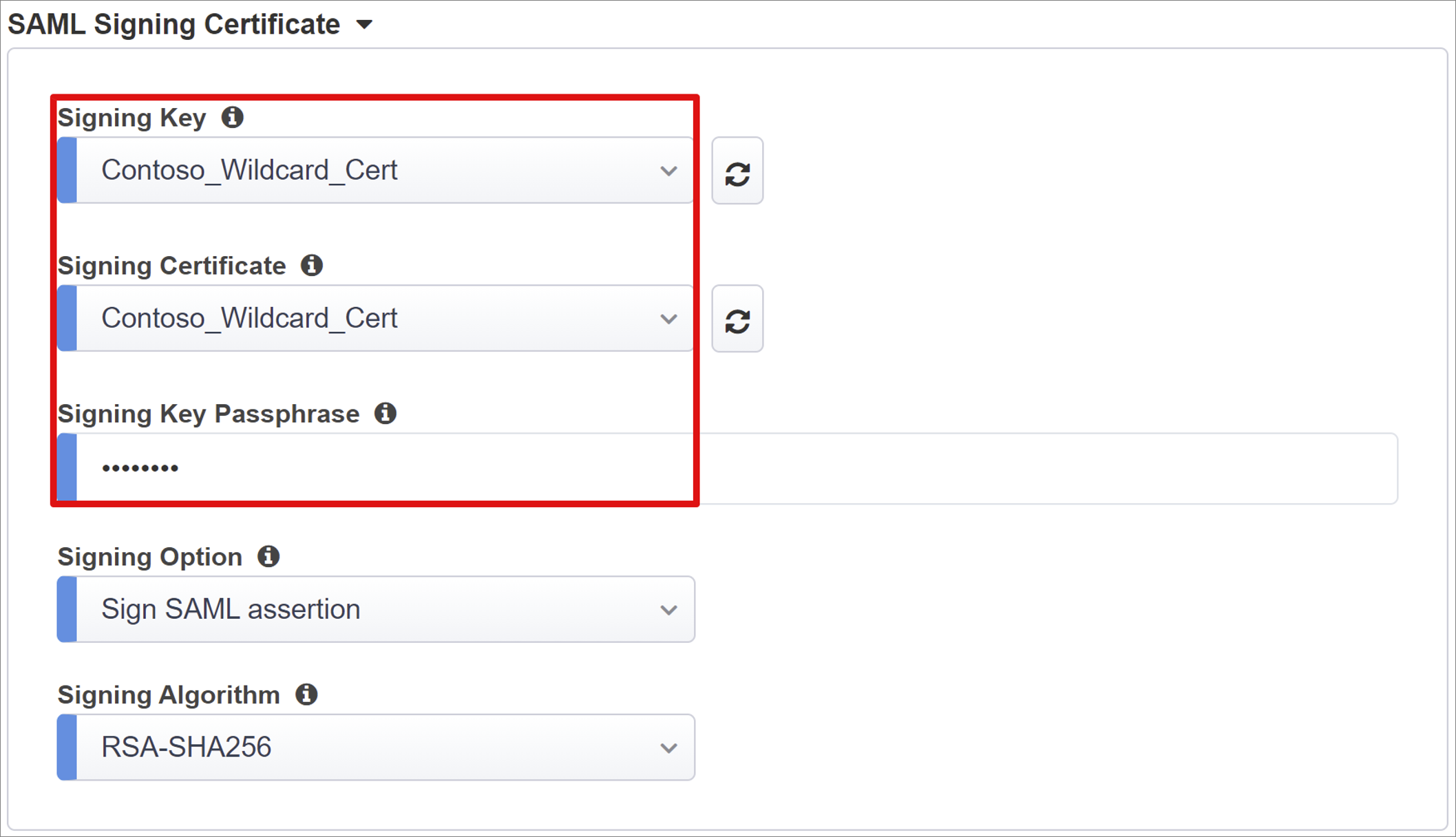 Captura de tela para a configuração do Azure - Adicionar informações de certificados de assinatura.