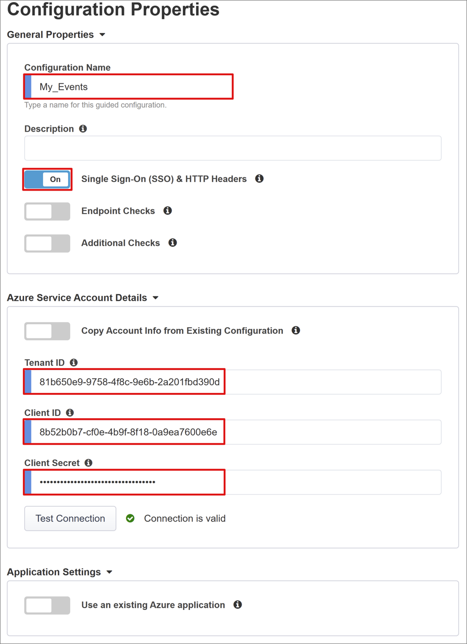 Captura de tela para as propriedades de Configuração Geral e Conta de Serviço.