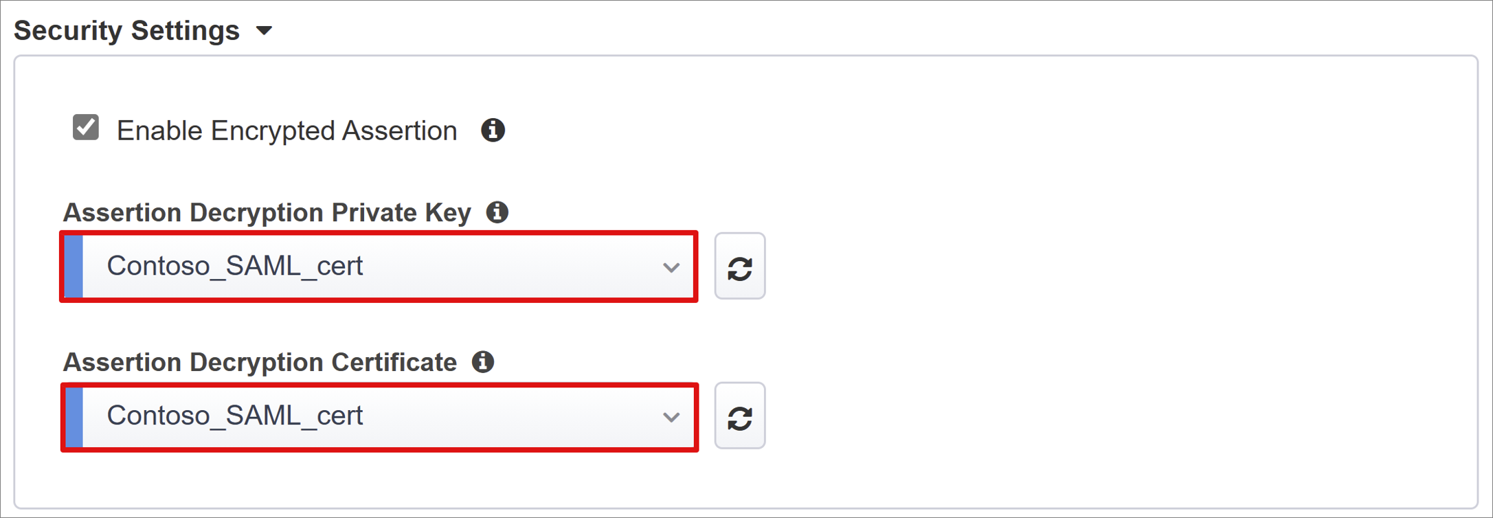 Captura de ecrã para as definições de segurança do Fornecedor de Serviços.