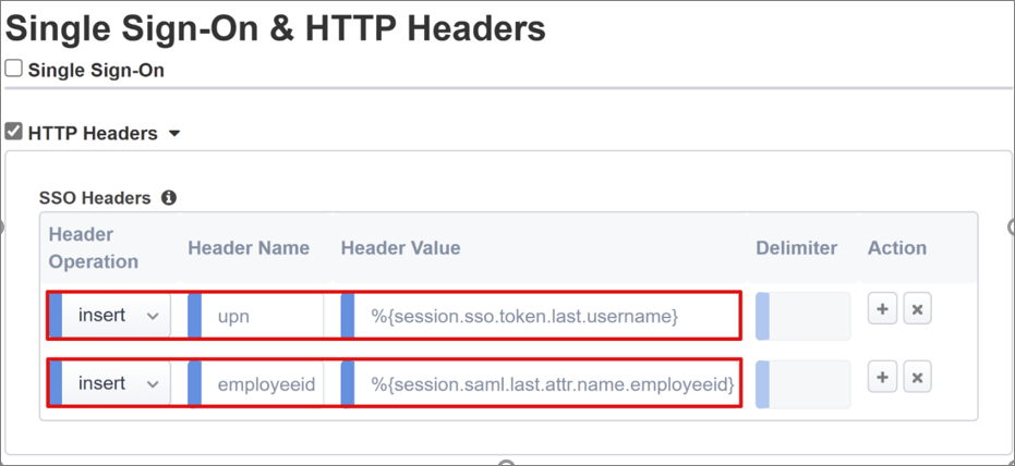 Captura de tela para cabeçalhos SSO e HTTP.