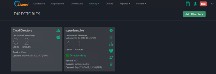 Captura de tela da janela Diretórios do console EAA da Akamai mostrando que o diretório superdemo.live foi adicionado.