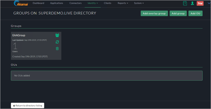 Captura de tela da janela GROUPS ON SUPERDEMOLIVE DIRECTORY do console da Akamai EAA. O EAAGroup com 1 Usuário está listado em Grupos.