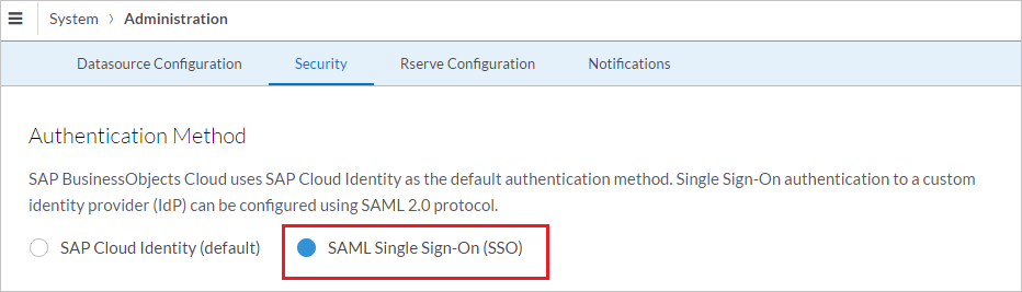 Selecione SAML Single Sign-On para o método de autenticação