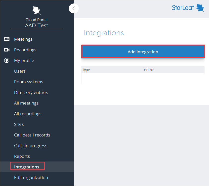 Captura de tela do StarLeaf Admin Console com as opções Integrações e Adicionar integração destacadas.