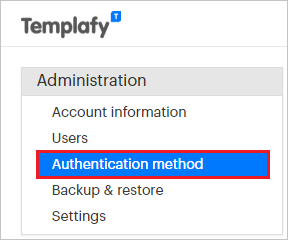 Captura de tela da seção de administração do Templafy com a opção Método de autenticação destacada.