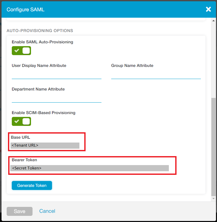 Captura de ecrã da janela Configurar SAML