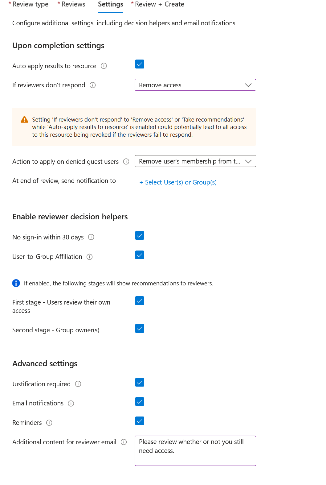 A captura de tela mostra a caixa de diálogo de configurações para revisão em vários estágios para que os hóspedes autoatestem o acesso contínuo.