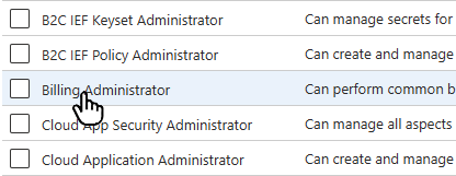 Captura de ecrã da página Funções e administradores com o rato sobre o nome da função.