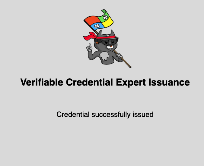 Captura de tela que mostra uma credencial verificável emitida com êxito.