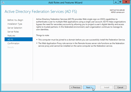 A página 'Serviços de Federação do Active Directory (AD FS)' no Assistente de Adicionar Funções e Recursos.