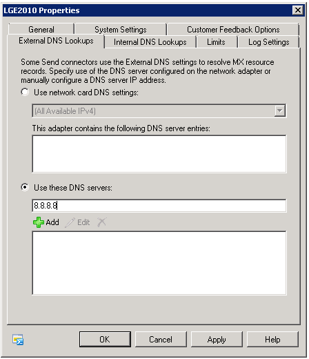 Captura de ecrã a mostrar a adição do endereço IP dos servidores DNS públicos na definição Pesquisas DNS Externas.