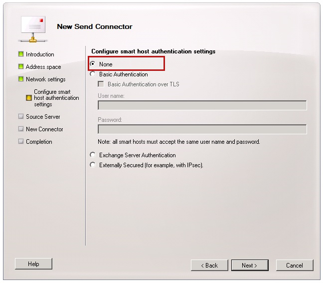 Captura de ecrã a mostrar a janela Novo Conector Enviar a selecionar nenhum para a opção Configurar definições de autenticação de anfitrião inteligente.