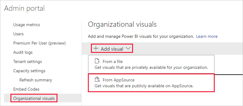 Captura de ecrã a mostrar o menu de visuais organizacionais nas definições de administração do Power BI. A opção adicionar visual é expandida e a opção da fonte do aplicativo é selecionada.