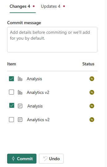 Captura de tela da janela de controle do código-fonte com duas alterações selecionadas para desfazer.