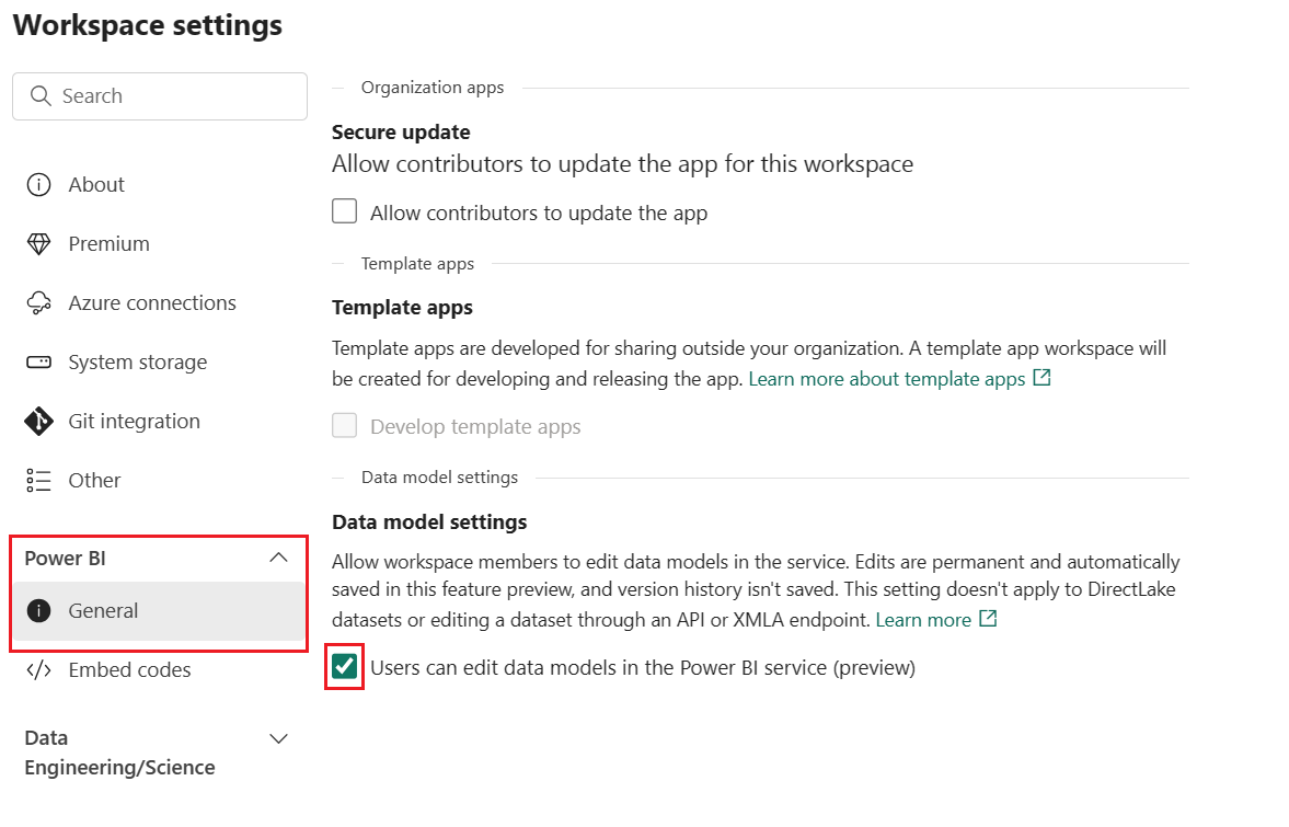 Caixa de seleção Captura de tela das configurações do modelo de dados.