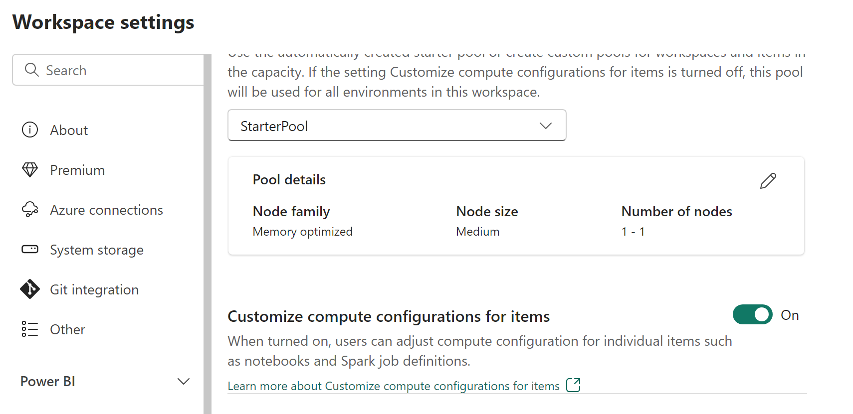 Captura de tela mostrando a opção de personalização de computação no nível do item nas configurações do espaço de trabalho.