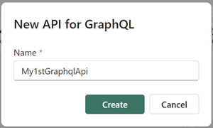 Captura de tela da caixa de diálogo Nova API para GraphQL, mostrando onde inserir o Nome e selecionar Criar.