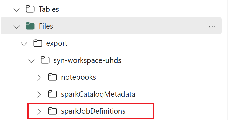 Captura de tela mostrando a exportação de definição de trabalho do Spark no OneLake.