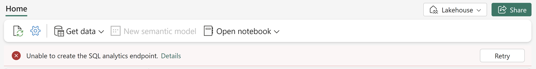 Captura de tela do reprovisionamento de ponto de extremidade da análise SQL lakehouse.