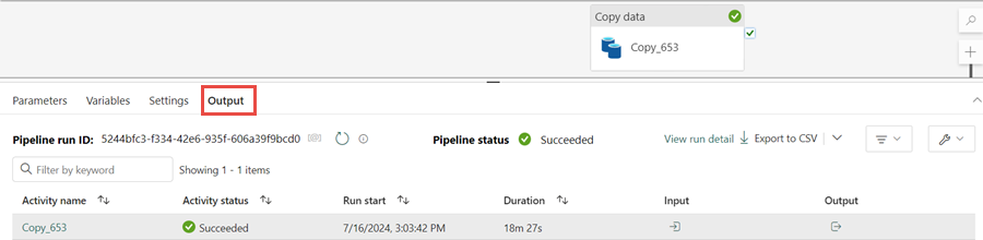 Captura de tela mostrando o status da atividade do pipeline de cópia.