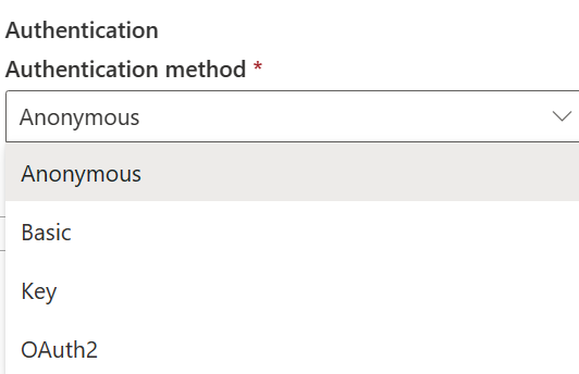 Captura de tela mostrando os métodos de autenticação para OData.