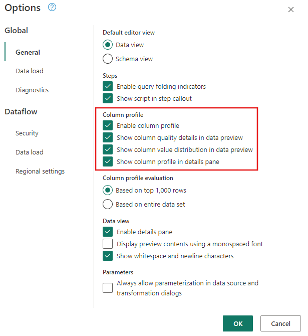 Captura de tela das opções globais com as seleções de perfil de coluna enfatizadas.