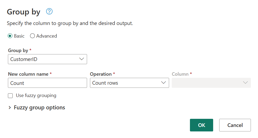 Captura de ecrã de Agrupar por, com a operação Contar linhas selecionada.