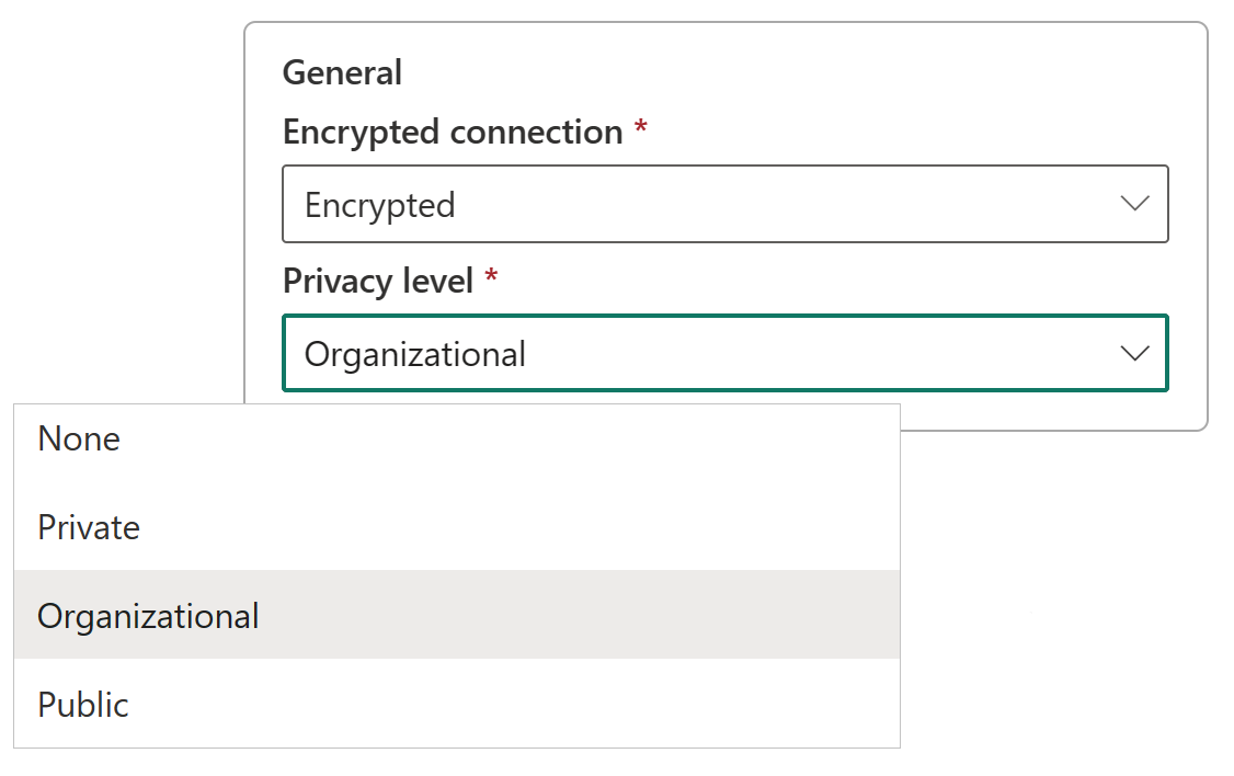 Captura de ecrã a mostrar opções de nível de privacidade.