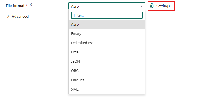 Captura de ecrã a mostrar definições de formato de ficheiro.