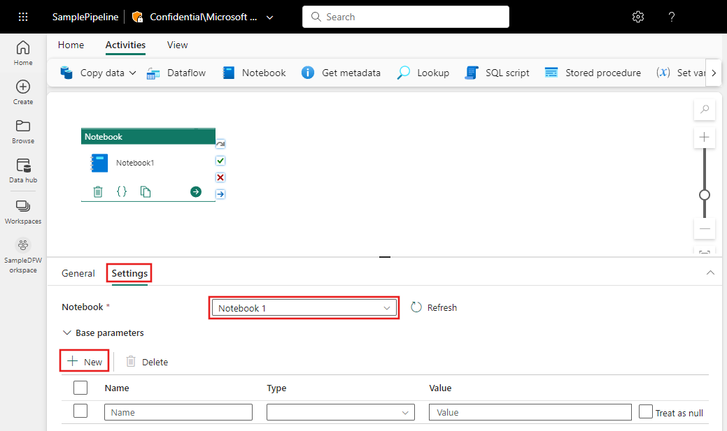 Captura de ecrã a mostrar o separador Definições do Bloco de Notas a realçar o separador, onde escolher um bloco de notas e onde adicionar parâmetros.