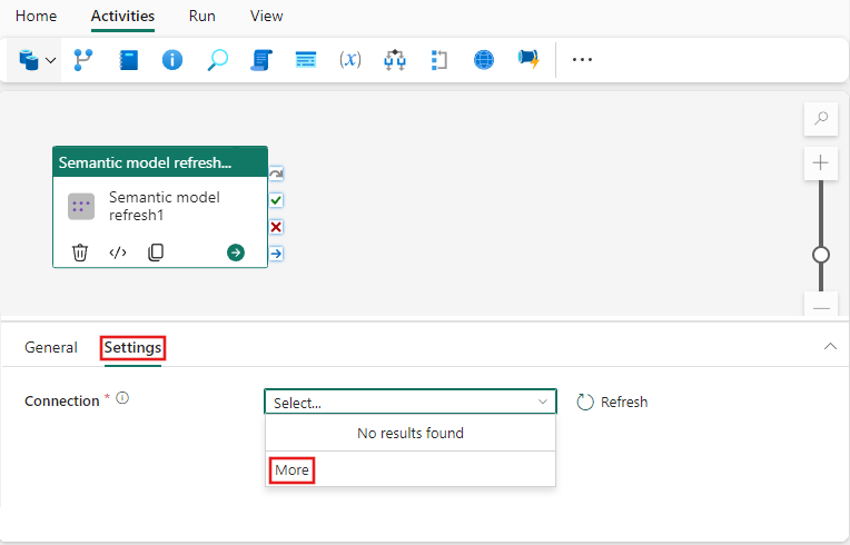 Captura de ecrã a mostrar a página principal de definições da atividade de atualização do modelo semântico.