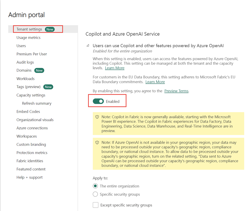 Captura de ecrã que mostra a configuração do arrendatário onde copilot pode ser ativado e desativado.