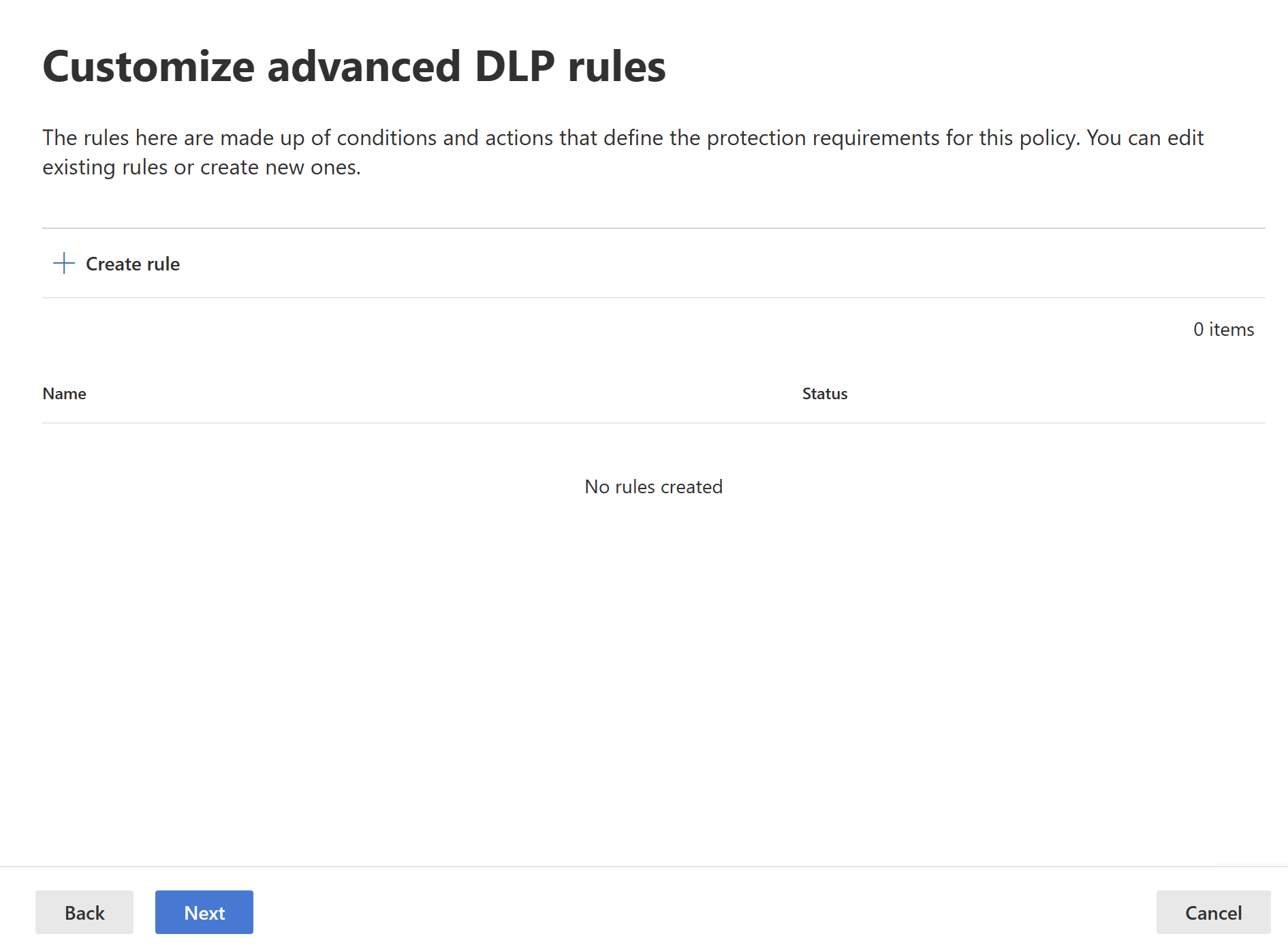 Screenshot of D L P create rule page.