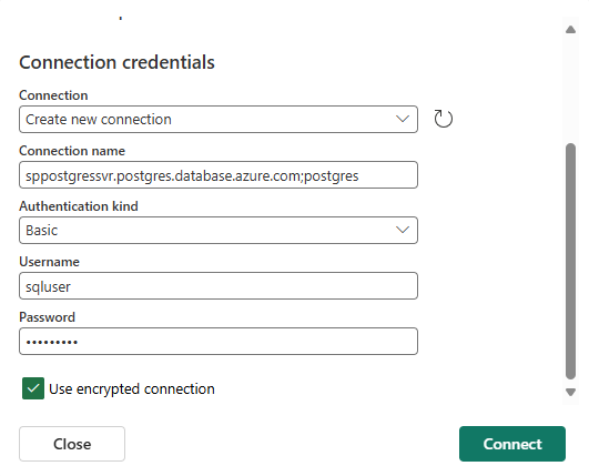 Captura de tela que mostra a seção Credenciais de conexão para o conector de banco de dados PostgreSQL do Azure.