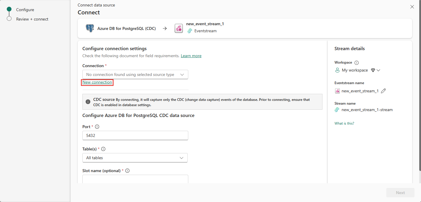 Captura de tela que mostra a página Connect para um banco de dados PostgreSQL do Azure com o link Nova conexão realçado.