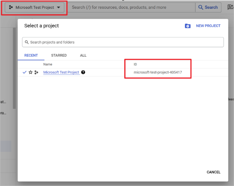 Uma captura de tela do ID do projeto no Google Cloud Console.