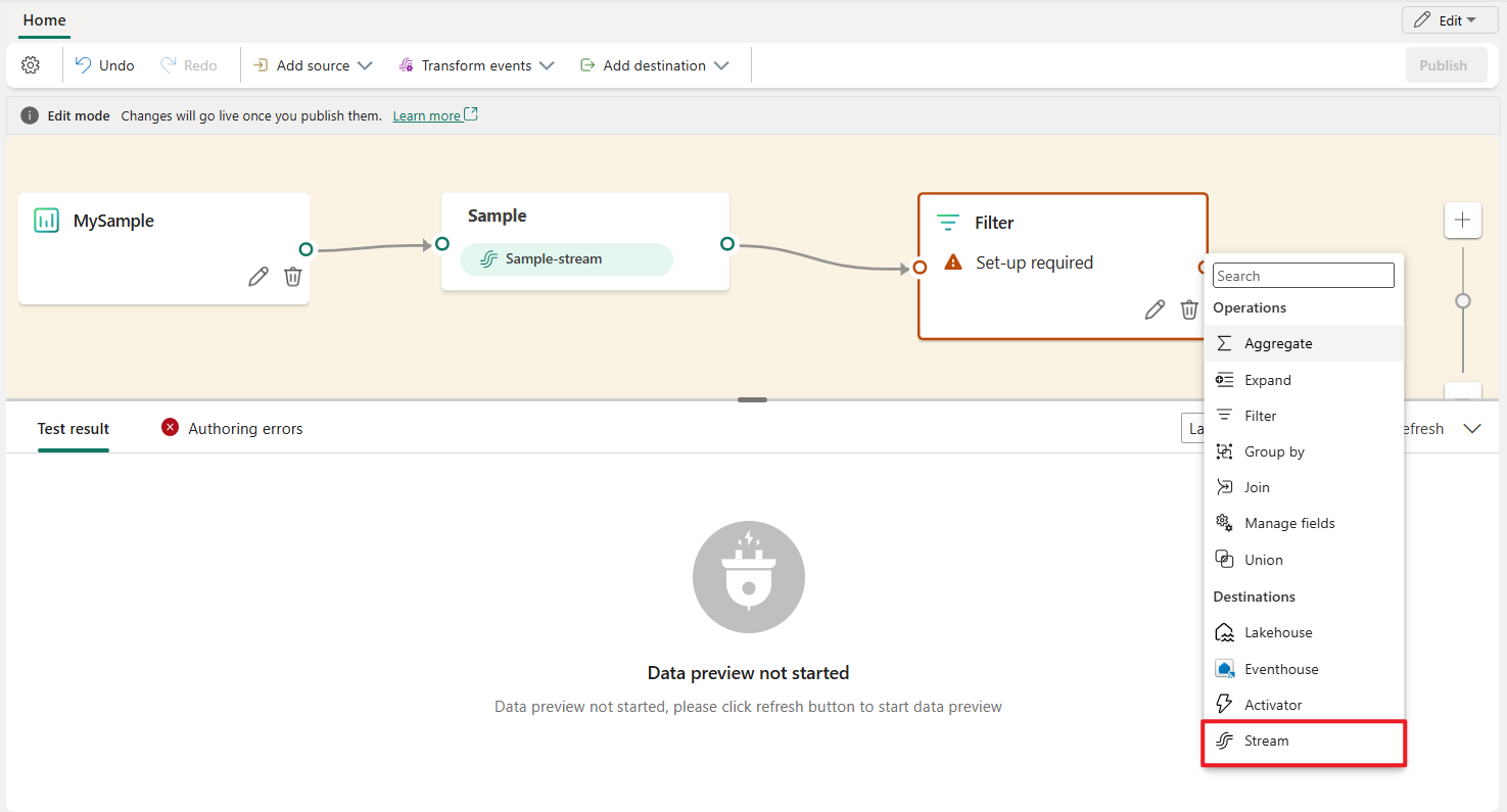 Captura de tela da adição do novo fluxo selecionando o símbolo + no operador.