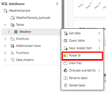 Captura de ecrã da criação de um relatório do Power BI a partir de uma tabela. O menu da tabela é aberto com Criar relatório do Power BI selecionado.