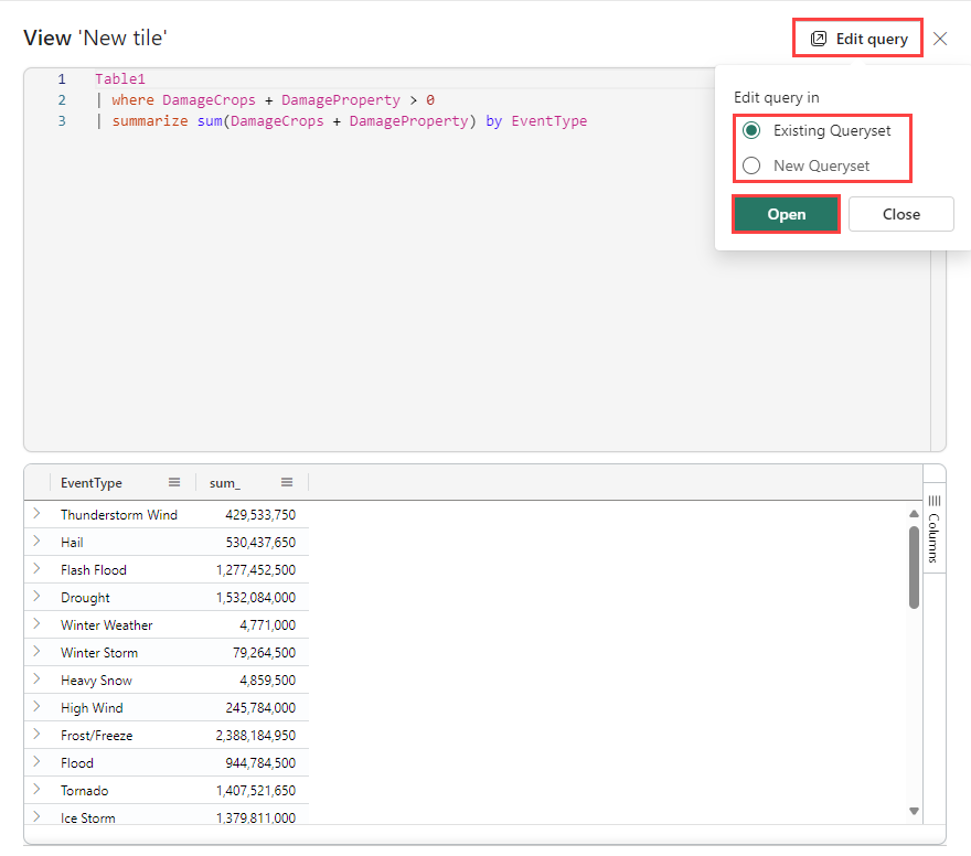 Captura de tela do modo de visualização da consulta de exibição de Painéis em Tempo Real com opções para editar ainda mais no conjunto de consultas KQL em Inteligência em Tempo Real no Microsoft Fabric.