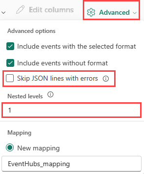 Captura de tela das opções avançadas de JSON.